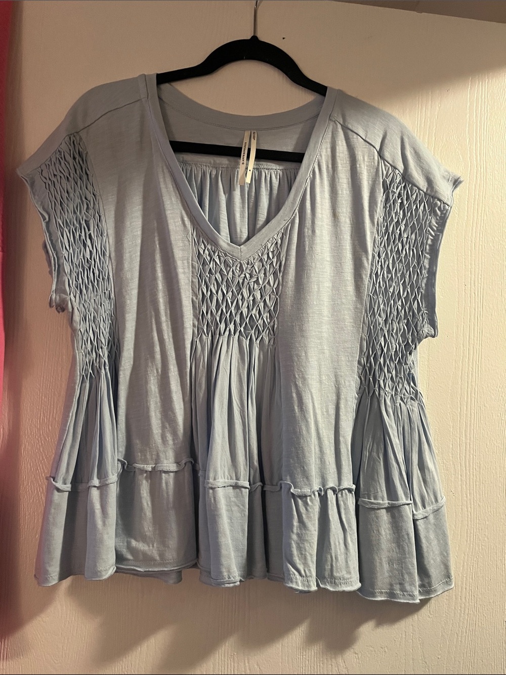 Anthropologie Light Blue Smocked V-Neck Tunic